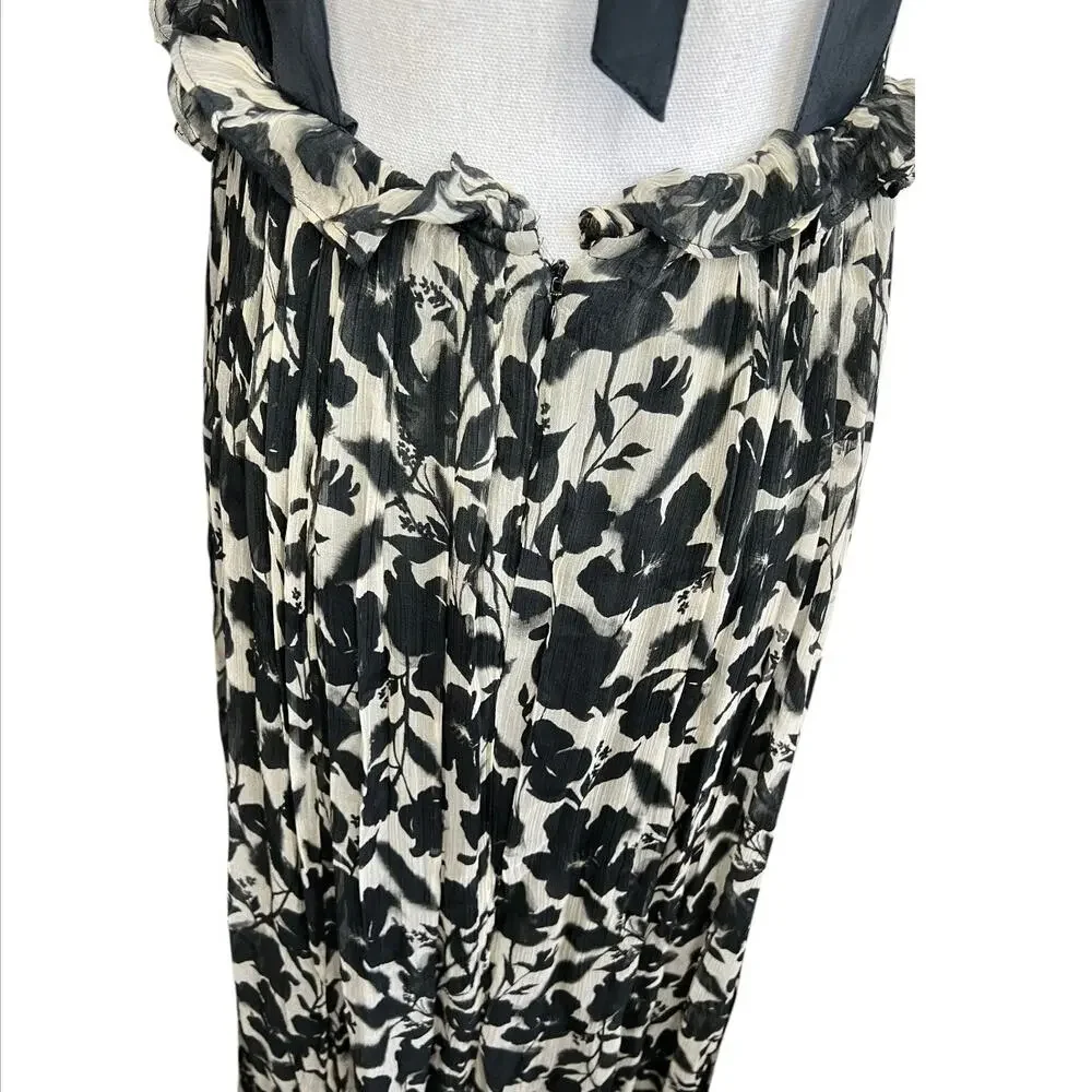 J.Crew collection chiffon ruffle trim maxi dress black & cream floral flowy 14